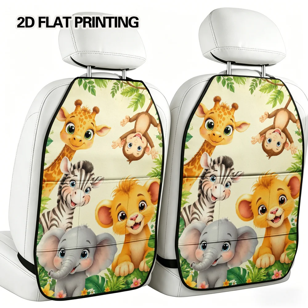 2D Flat, 2pcs Jungle Animal Friends Design Car Seat Back Storage Organizer, Soft Lightweight Pocket Structure, Premium Auto Deco
