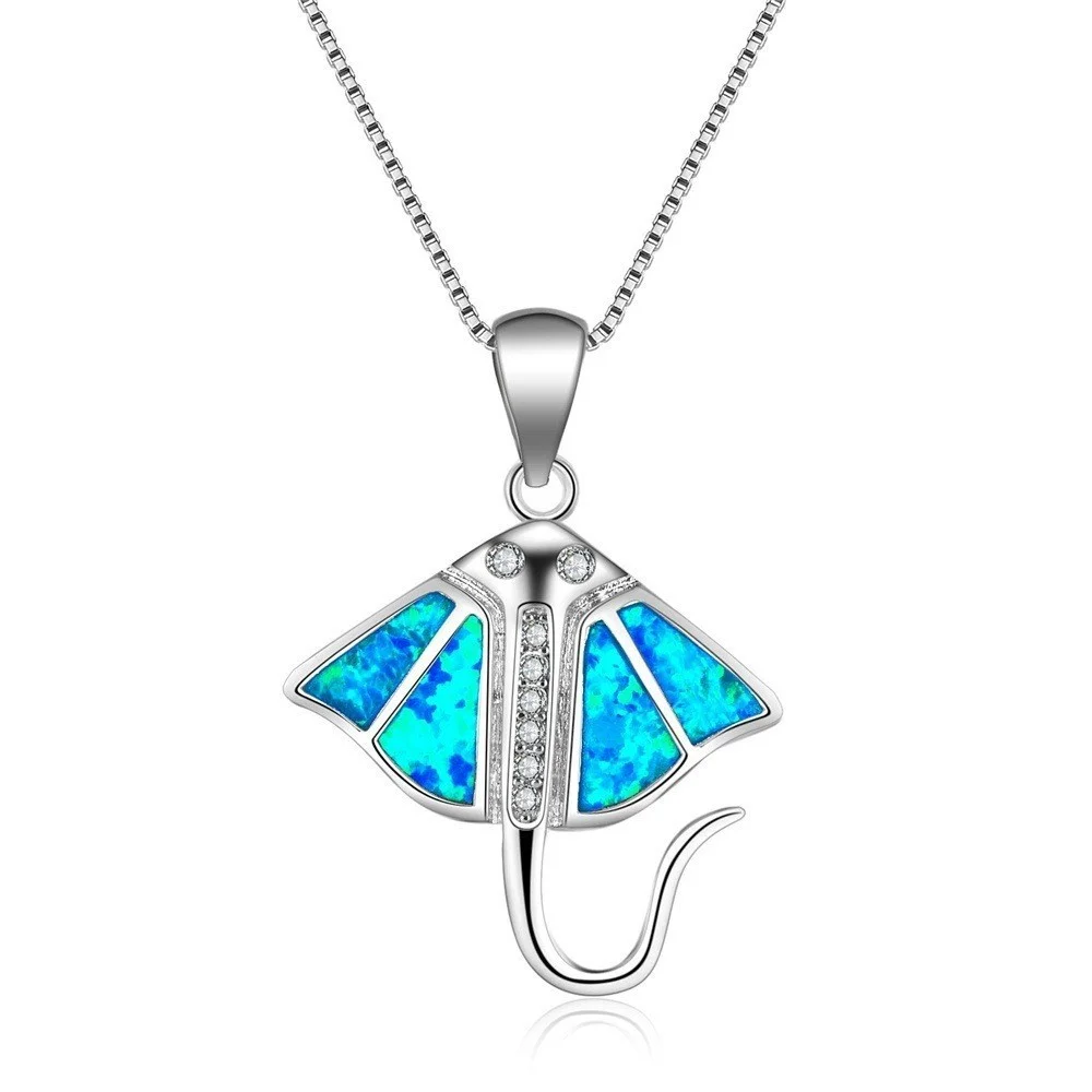 Manta Ray Pendant Necklace with Blue Simulated Opal,Silver Color Marine Life Jewelry, Unique Cute Ocean Animal Gift for Her