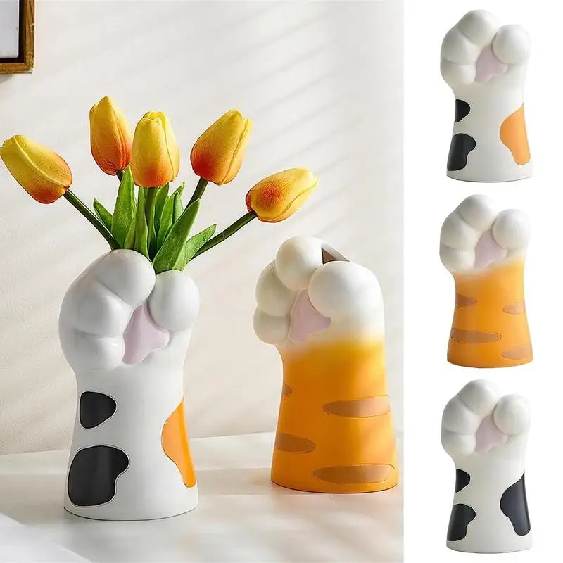 Cat Paw Vase Cute Cartoon Cat Claw Flower Vase Resin Craft Ornament Table Centerpiece Decor Modern Living Room Decoration