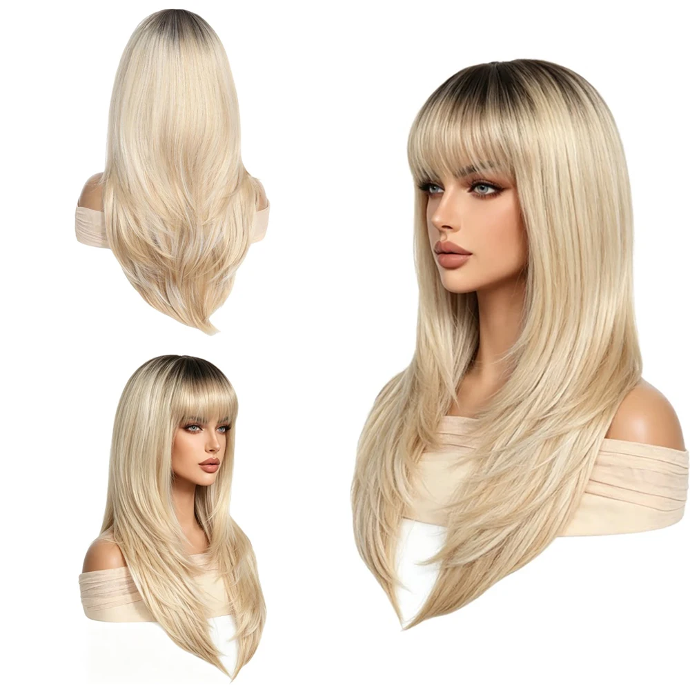 Natural Dark Rooted Ombre Blonde Wig Long Layered Straight Hair Soft Heat Friendly Synthetic Wig For Daily Party Cosplay Women