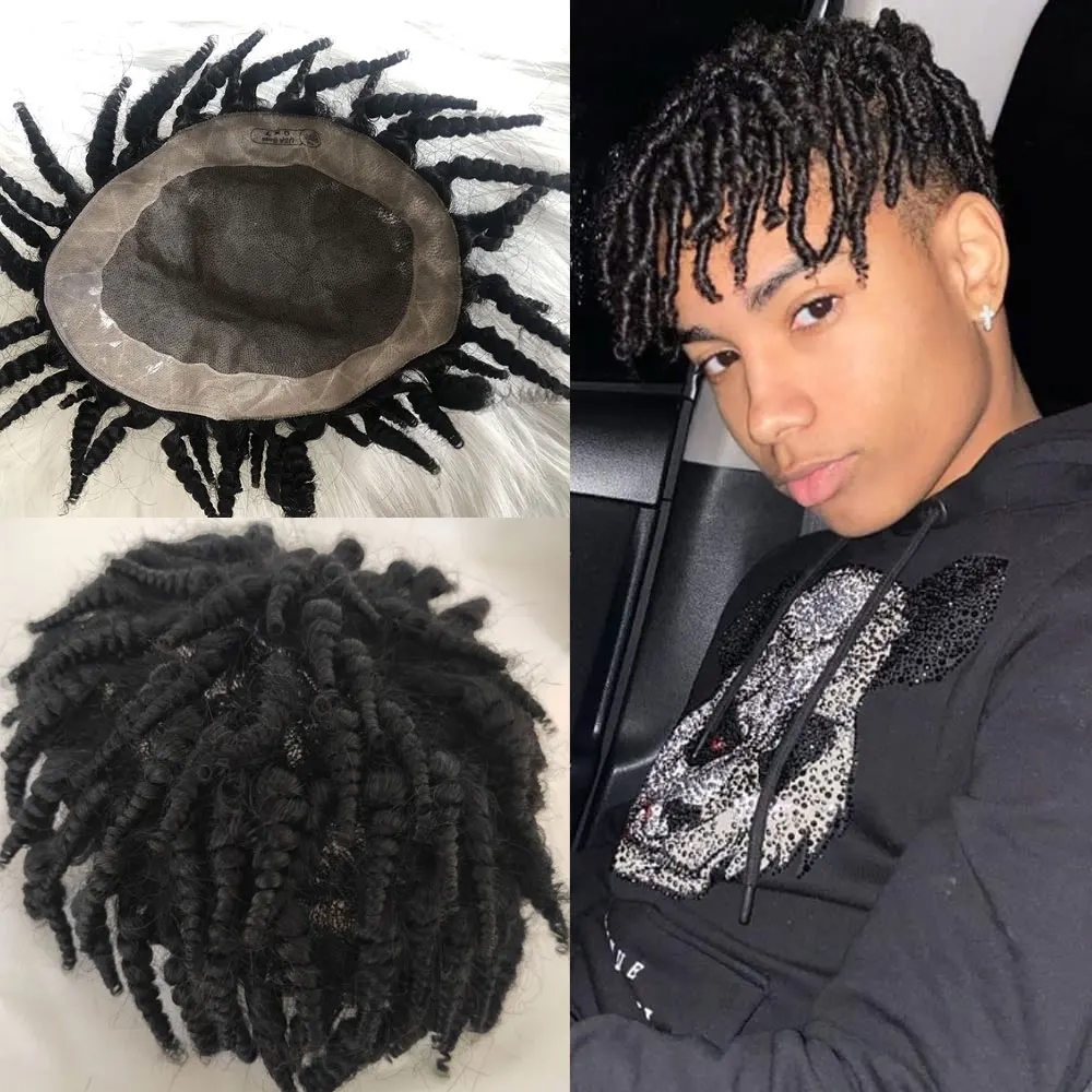 Rambut palsu untuk pria keriting kepang Mono rambut palsu dasar 1B warna hitam rambut palsu untuk pria hitam wig pengganti potongan rambut 10x8