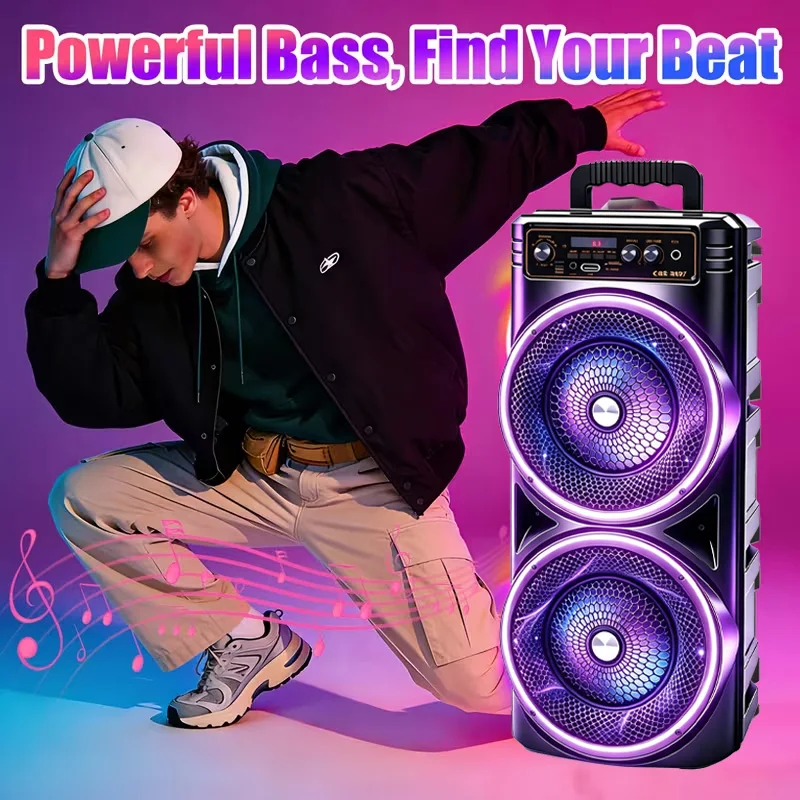 Professional‑Grade Portable Bluetooth Speaker, Dual‑Driver with Dynamic RGB LED Lights, TWS Wireless Stereo Interconnection, Supports Bluetooth, USB Drive, TF Card, Microphone and FM Radio, Compact Outdoor Speaker for Parties, Birthdays, Camping and Home