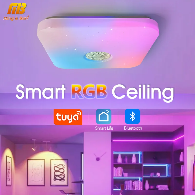 36W Square RGB Smart Ceiling Lamp LED Light Speaker Dimming TUYA Remote Control Bluetooth WIFI Home Decor Bedroom Living Room