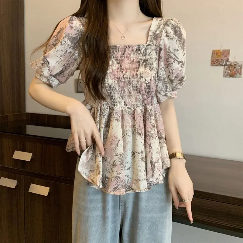 French Style Square Collar Blouse Female Clothing Sweet Broken Flowers 2024 Summer Slim Fashion Folds Casual Short Sleeve Shirt