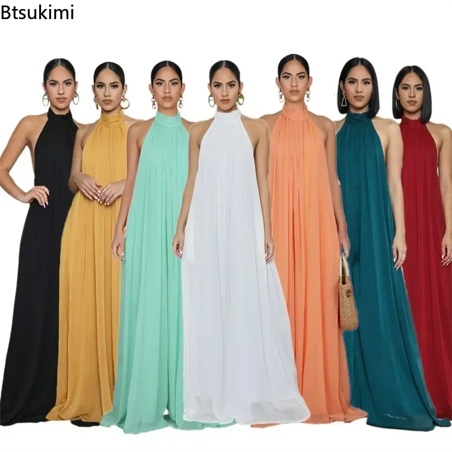 2024 Nowe damskie solidne szyfonowe luźne kombinezony wiązane na szyi Seksowne spodnie z szerokimi nogawkami bez pleców Moda Impreza Elegancka