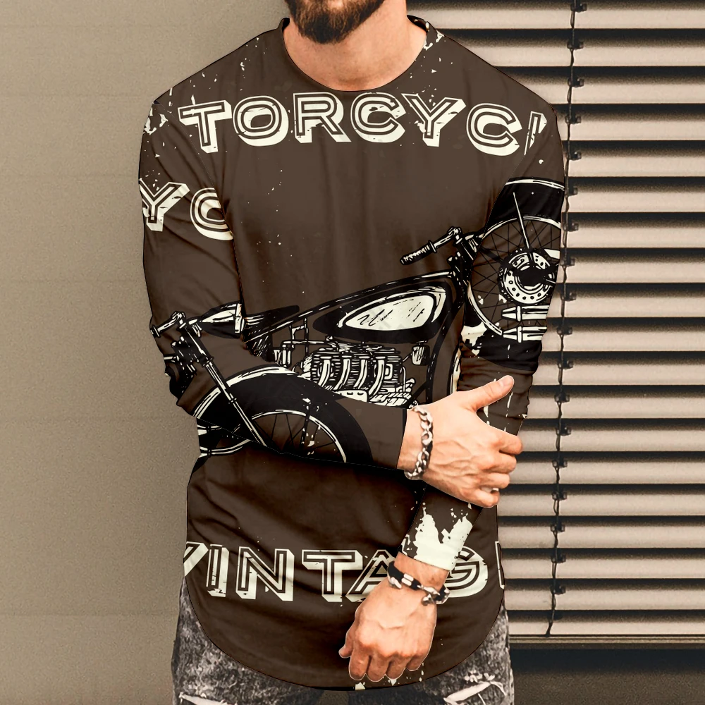 الرجال الربيع والخريف رقيقة موضة الاتجاه إلكتروني طباعة طويلة الأكمام الجولة الرقبة تي شيرت شخصية بلايز الرجال عادية #4