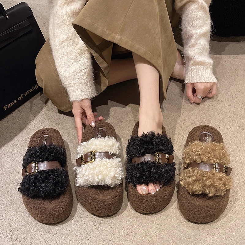 

Женская обувь, уличные женские меховые тапочки ручной работы, мягкие и удобные нескользящие модные тапочки на плоской подошве на платформе, Zapatos Mujer
