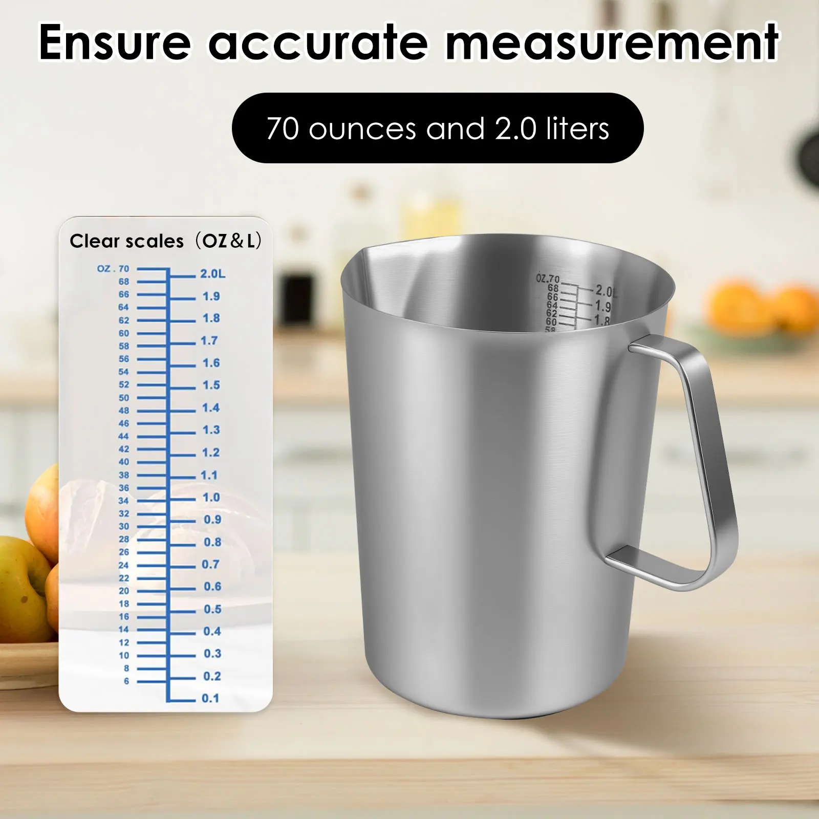 0.5-2L Stainless Steel Milk Frothing Jug Measurement Jug Milk Pot Large Mouth Graduated Beaker Clear Marking Coffee Accessories