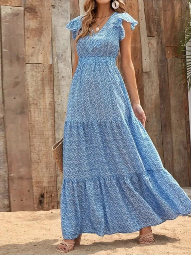 Casual V Neck Print Dress For Women Fashion Boho Holiday Beach Dresses Robe Femme Elegant High Waist Loose Skirt Womens Clothing