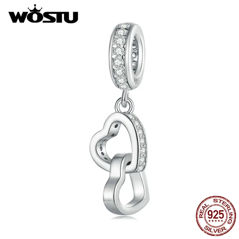 100% 925 Sterling Silver Interlocking Love Heart Charm With Clear CZ Fit Original Bracelet Necklace Authentic Jewelry