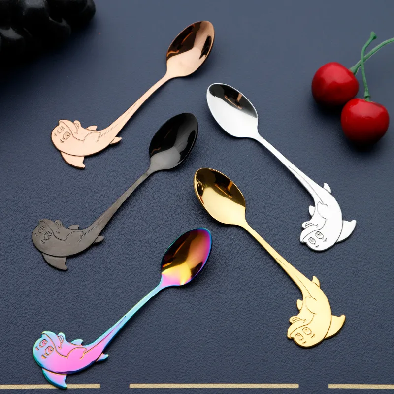 304 Stainless Steel Dolphin Spoon Creative Cartoon Hanging Side Cute Coffee Gold-plated Stirring  Tableware