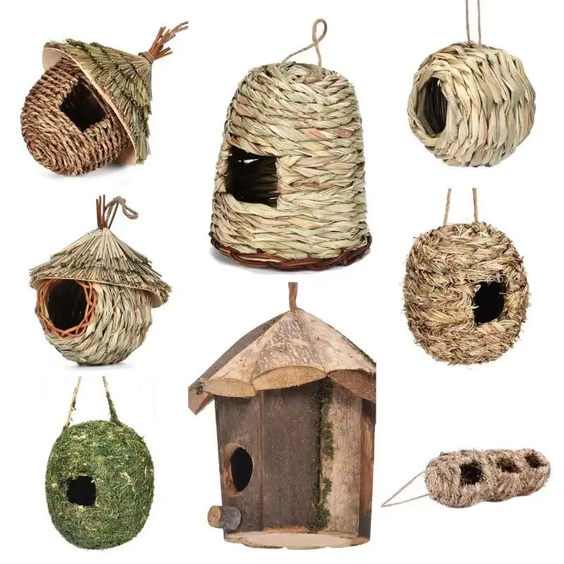 Casa para Pájaros Tejida, Decorativa para Exteriores, Cueva de Cría para Loros, Dormitorio para Pájaros de Hierba Natural, Jaula para Colibríes, Refugio