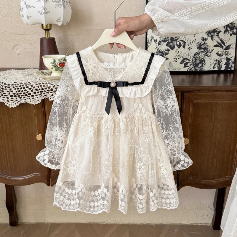 

Children's Dress New Summer Girls' Long Sleeve Lace Dress Baby Stylish Bowknot Mesh Princess Dress