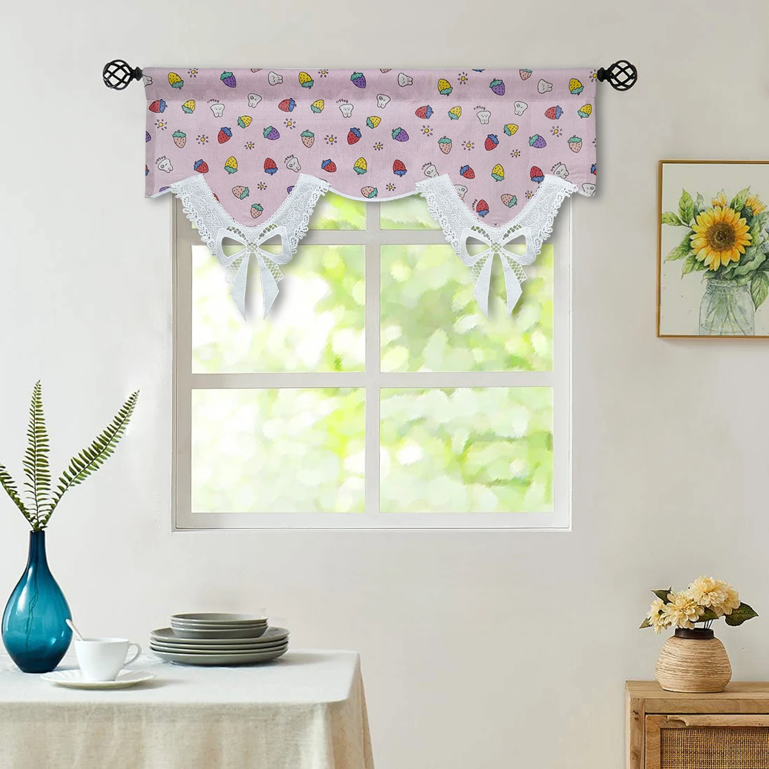 

Cartoon Rabbit Pink Curtain Valance With Bow Embroidery for Children's Room Cotton Linen Fabric Window Treatment