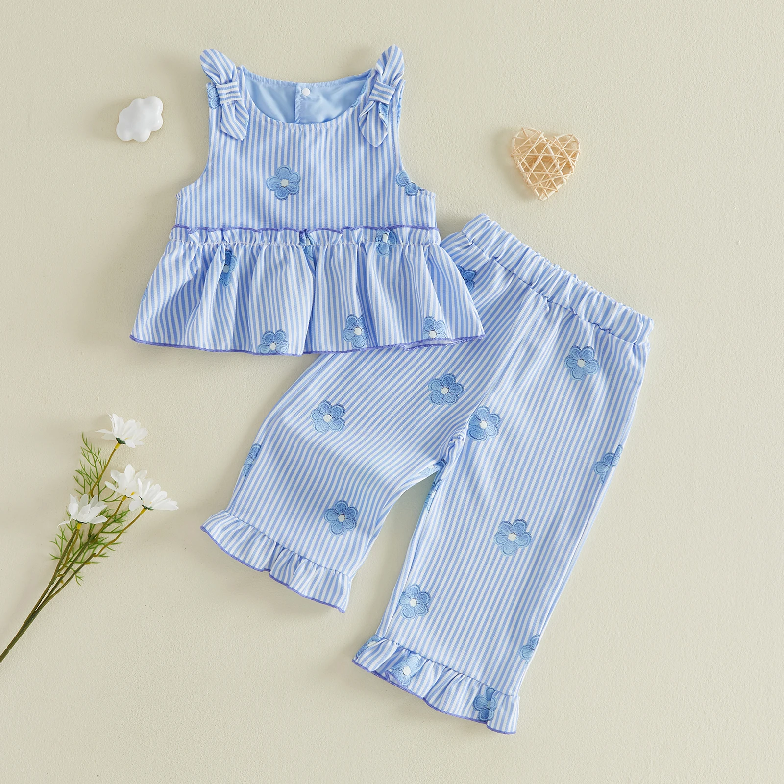 

1-5Y Toddler Girl Summer Outfits Sleeveless Bow Shoulder Tank Tops Pants Set Cute Kids Clothes Set
