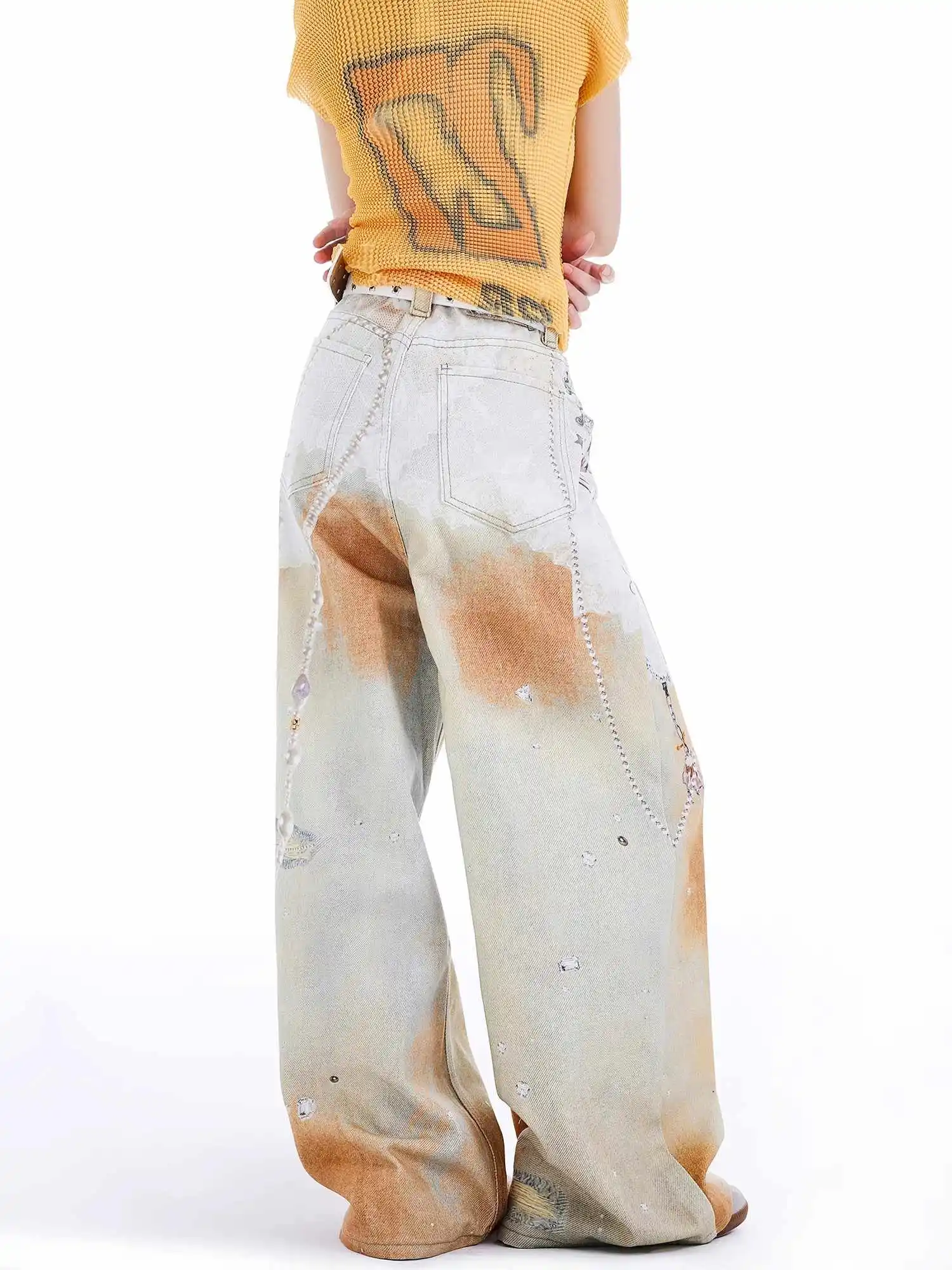 Jean déchiré Orange Baggy Y2k pour femmes, pantalon en Denim imprimé Graffiti Vintage Harajuku, Style japonais des années 2000, vêtements 2025