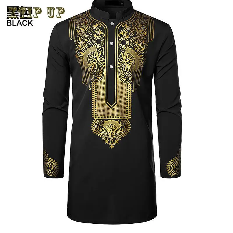 Men\'s Islamic Arabic Abaya Robe Ethnic Print Stand Collar Youth Mid-length Shirt Luxury Coat Casual Fashion Muslim Men Clothing