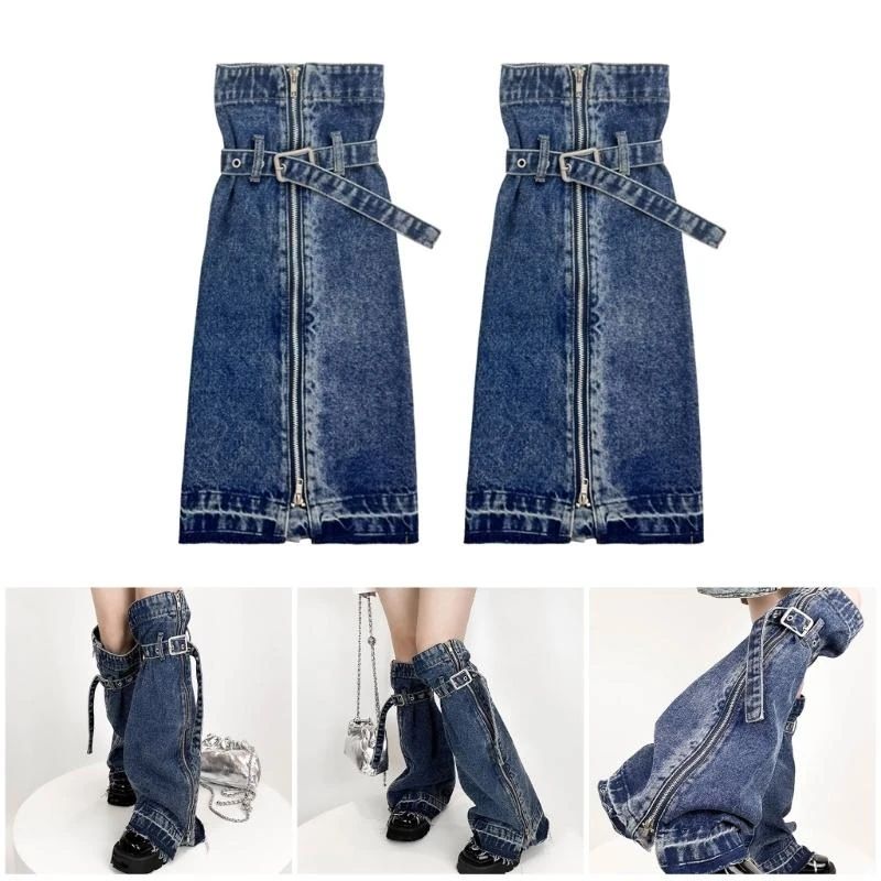 

Fashion Buckled Belt Washed Denims Leg Warmers for Womens Harajuku Punk Side Zippers Baggy Boot Covers Flared Long Socks 15UB