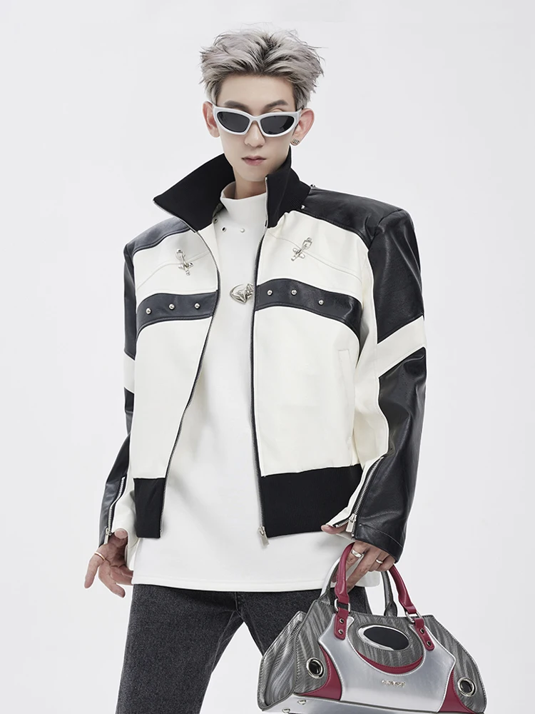 Spring and Autumn American Retro Metal Buckle Men's Handsome Motorcycle Padded Shoulder Short Black Silver Pu Leather Jacket