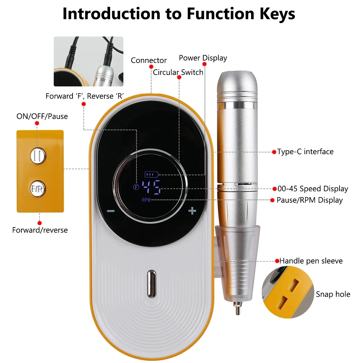 45000 RPM Professional Electric Nail Drill: Rechargeable Portable Low-Noise Kit for Acrylic Gel Nail Care