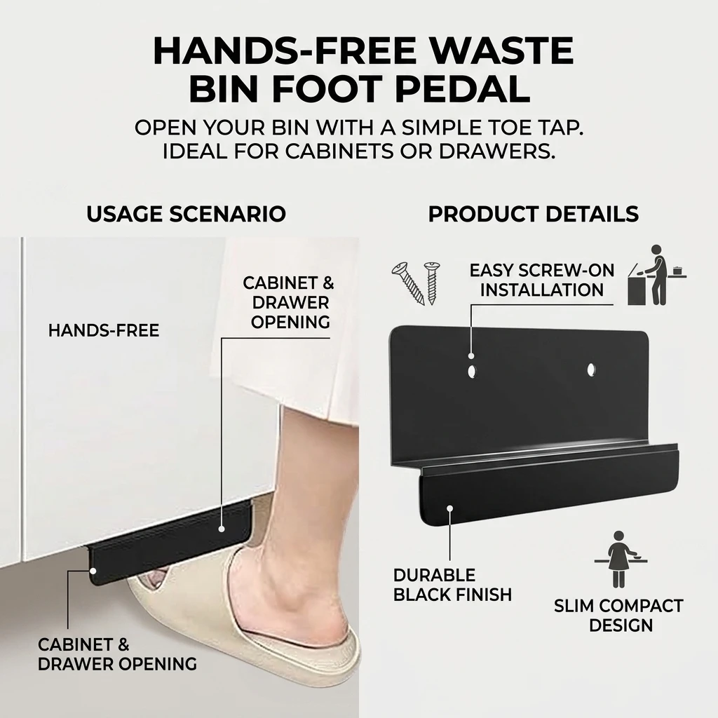 Alloy Steel Foot Pedal for Kitchen Trash Bin Homeowners Hands-Free Cabinet Opener No Drill Drawer Pull Handle Durable