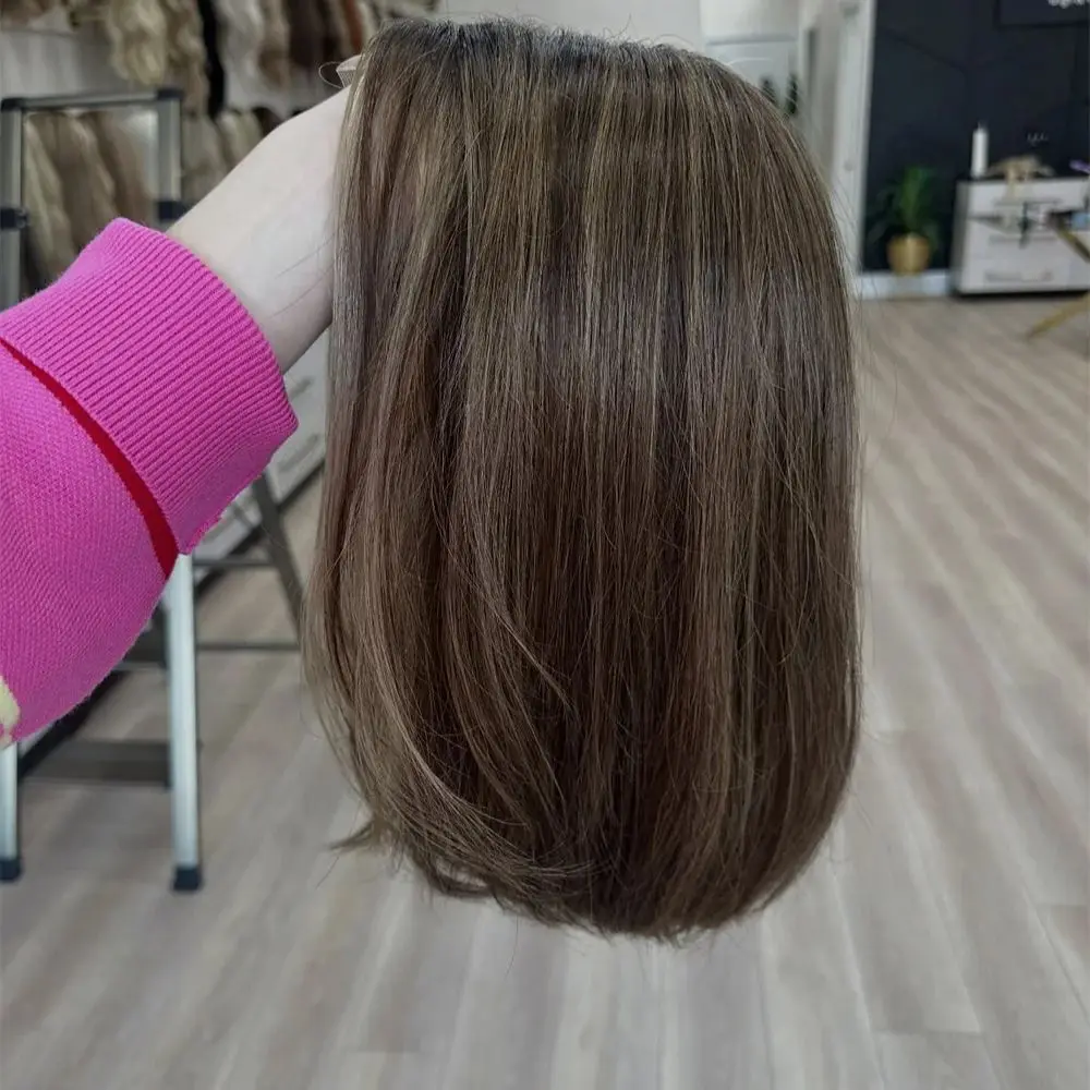 

Премиум-парик из синтетического волокна омбре, пепельно-коричневый, для женщин, с прямой стрижкой боб, короткий, без клея, с кружевной передней частью, с мелированием под брюнетку