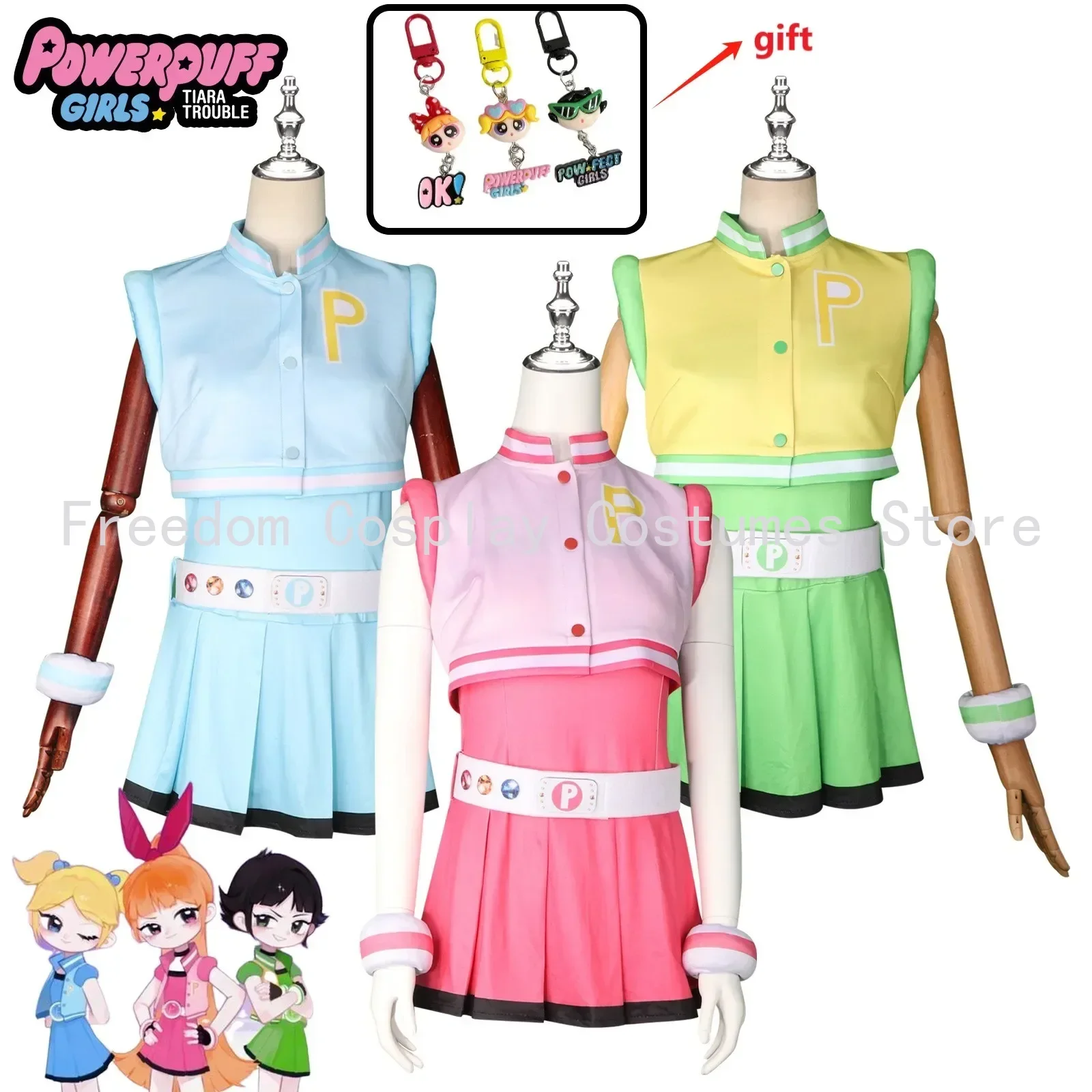 

Powerpuff Girls Cosplay Girls Costume Dress Set Blossom Buttercup Bubbles Costume Dress With Belt Set Halloween Party Dress