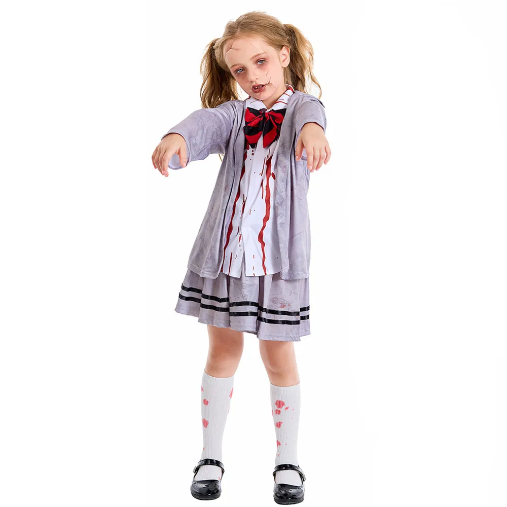 Disfraces de Halloween para niños, disfraces de zombi muertos caminantes, niñas, estudiantes sangrientos, vampiro, Cosplay, Carnaval, Purim, vestido de fiesta de juegos de rol