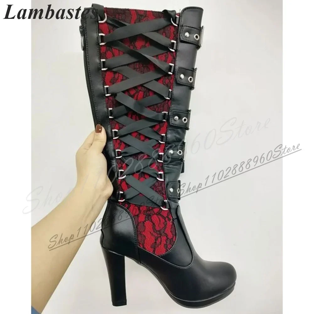الربط الركبة عالية الأسود الصليب تعادل فارس الأحذية مكتنزة أحذية عالية الكعب للنساء عودة سستة أشار تو الأحذية نمط الغربي