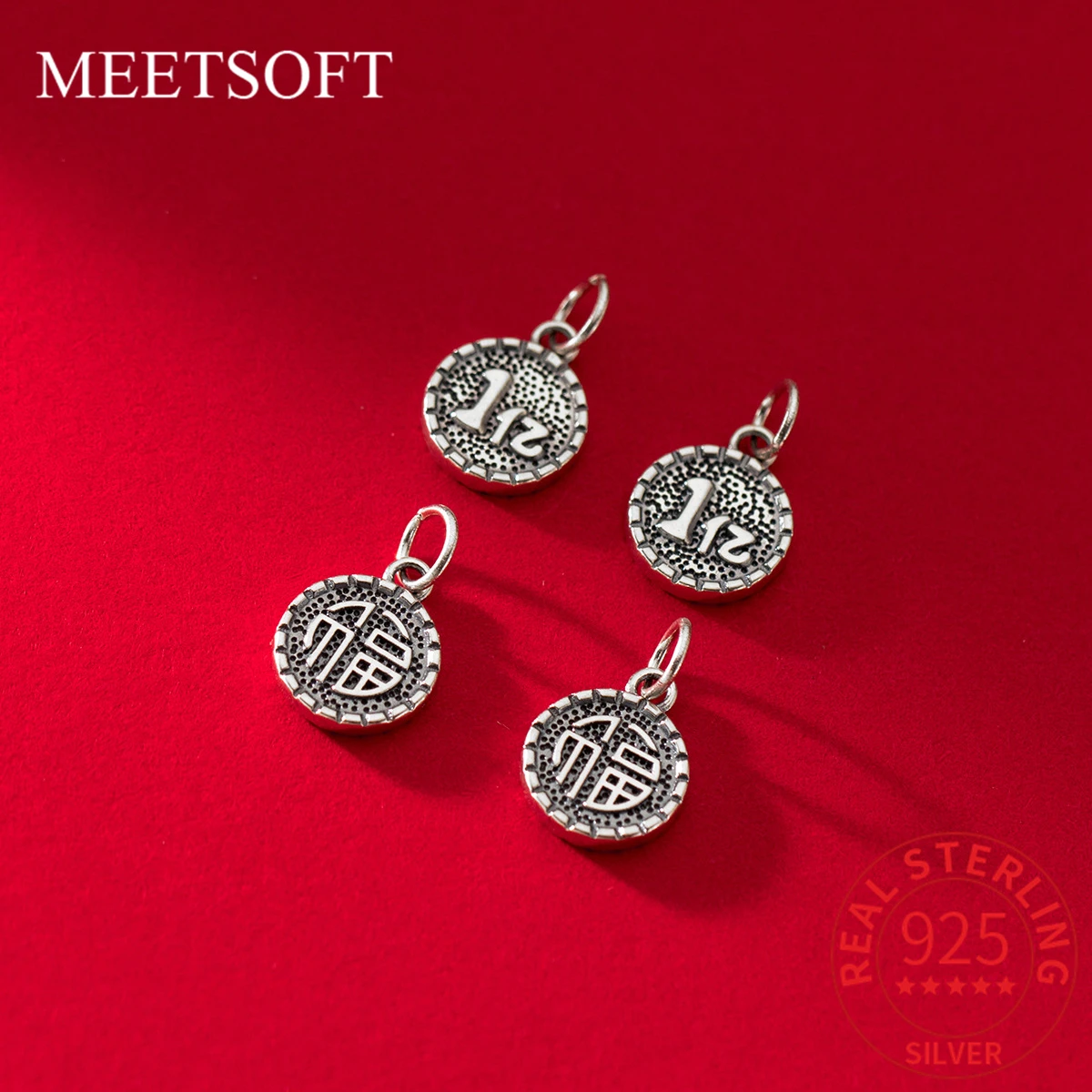 MEETSOFT Trendy 925 Sterling Silver Retro Printing One Hundred Million Round Pendant Charms of DIY Handmade Making Supplies Gift