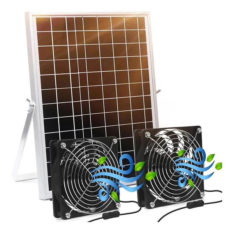 ABKS-Solar Powered Fan For Chicken Coops,Greenhouses 15W Solar Panel With 2 Waterproof Intake Or Exhaust Air Fans