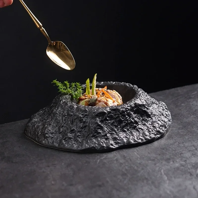 Volcano-shaped Black Deep Plate Irregular Ceramic Tableware in Restaurant French Special-shaped Soup Swing