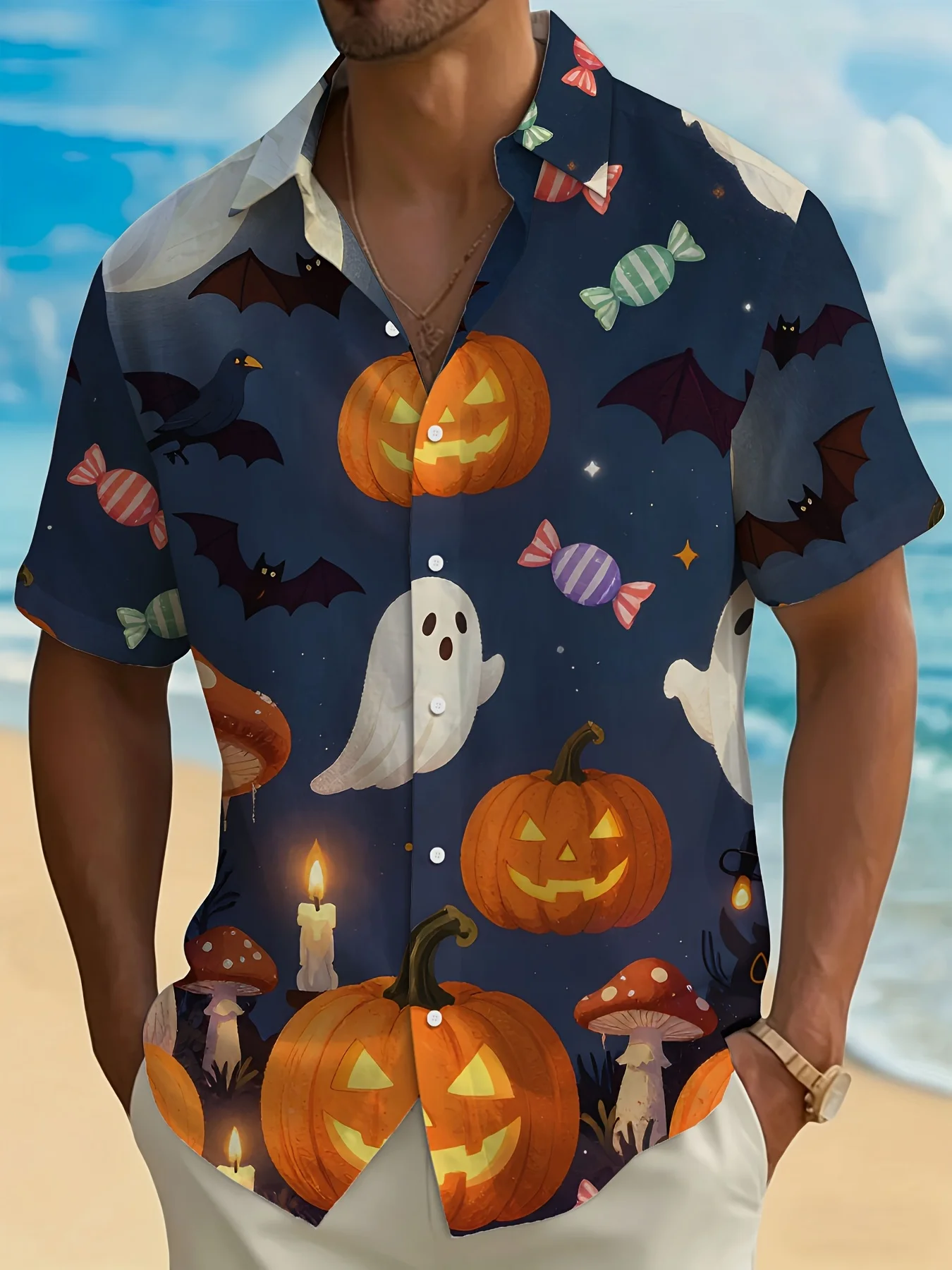 Men's Hawaiian Short Sleeve Shirt Vintage Colorful Halloween Pumpkin Ghost Print Turn Down Collar Casual Holiday Top Men Clothes