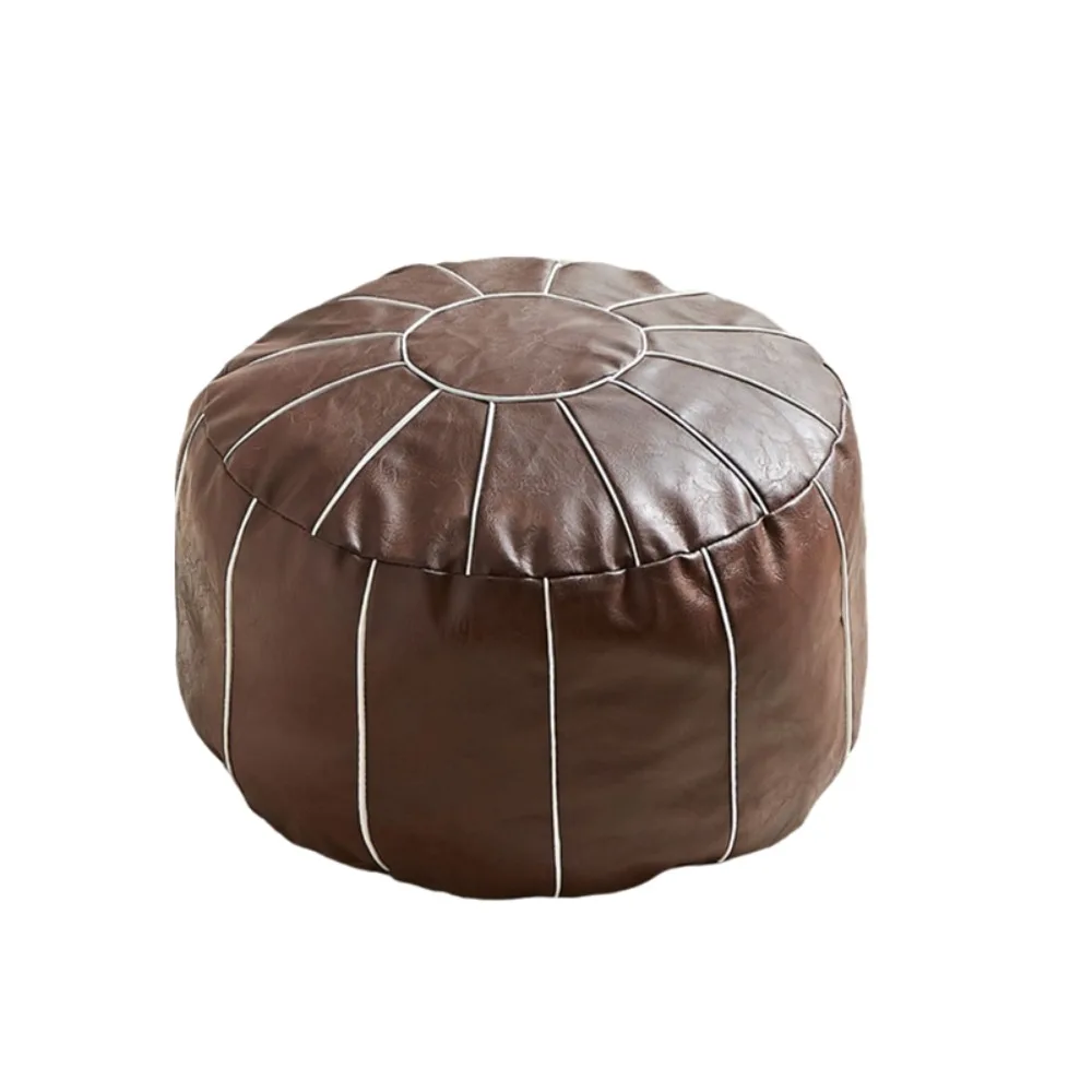Moroccan Style PU Leather Storage Pouf Cover Pumpkin Shaped Unstuffed Pouf Cushion Cover with Handle Folding Footstool Seat Bag