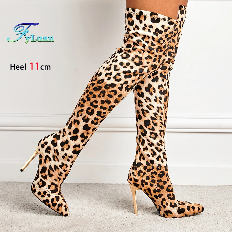 

Size 35-42 Sexy Over the knee Socks Boots 11CM High Heels Women Pointed Leopard Long Boots Nightclub Slim Leg Thigh High Shoes