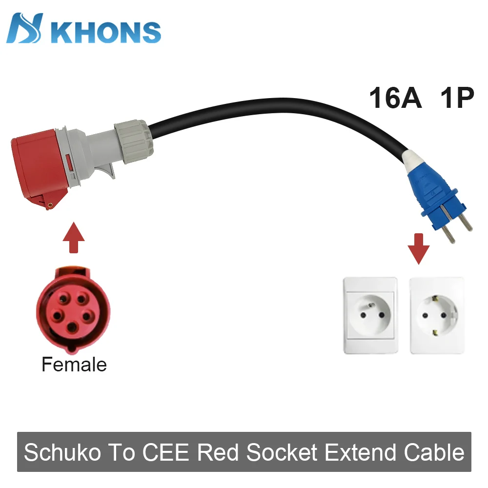 Khons EV Charger Schuko Plug To CEE Red Female Plug 32A 3phase Adapter Blue CEE 32A Female Plug 32A to Schuko16A Connector