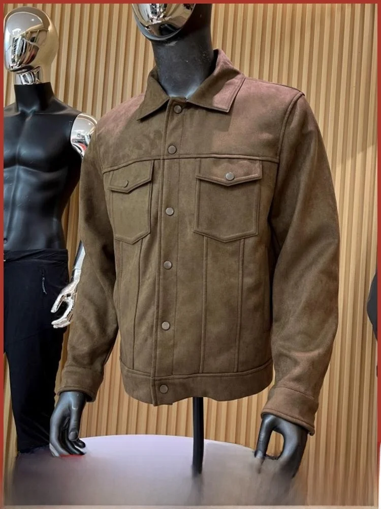 

Spani Order American Retro Suede Jaet Men's Autumn Faion Casual Collar ket Jaet Trendy Straight Hemline Pure Color