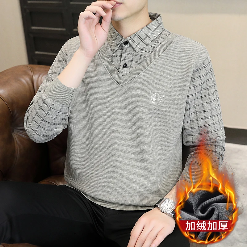 

Осенне-зимний мужской искусственный вязаный свитер из двух частей, мужское пальто с воротником-джокером, свитер