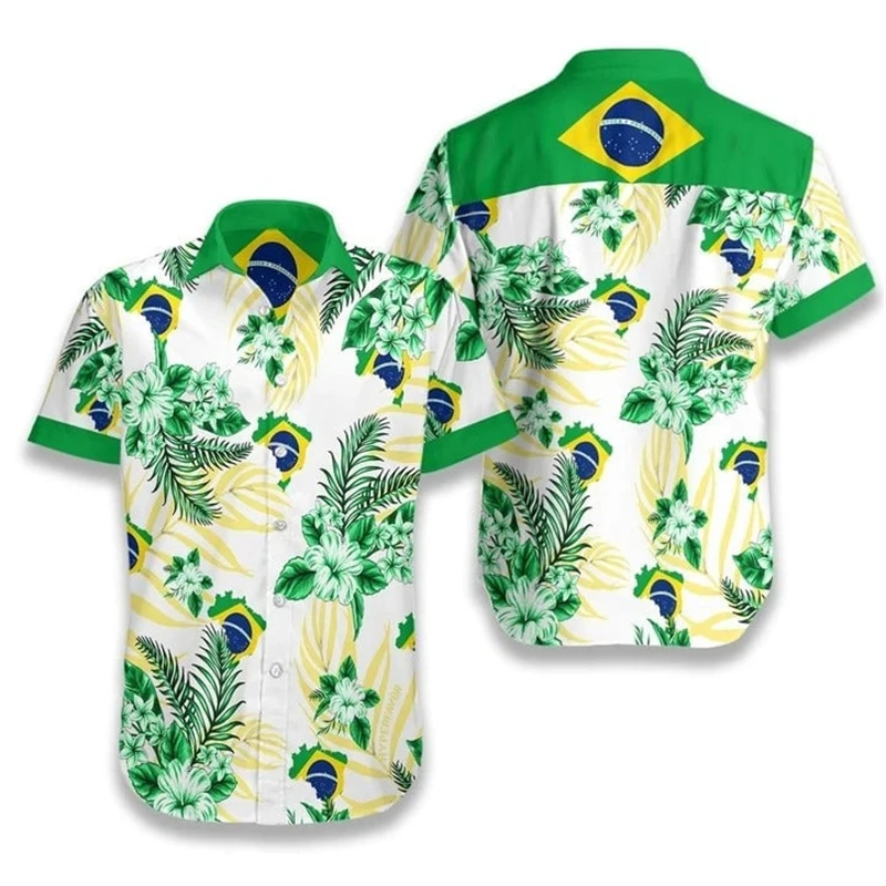 

Brazil Flag 3D Printed Shirts For Men Clothes Casual Brazilian National Emblem Graphic Short Sleeve Hawaii Sports Lapel Blouse