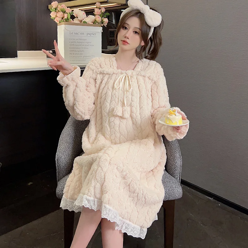 Autumn Winter Long over-the-Knee Nightdress Women  Flannel Cute Sweet Lace Princess Coral Fleece Pajamas Dress