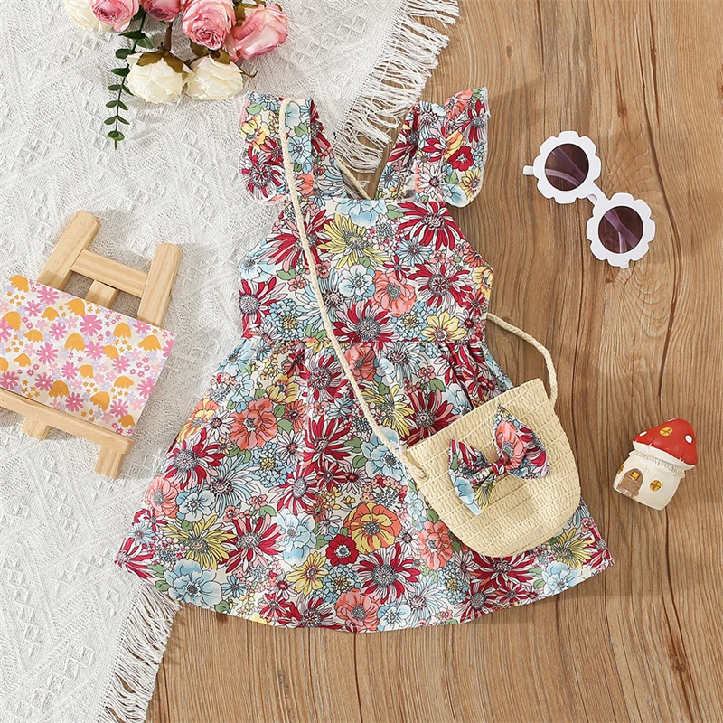 Baby Girl Dress Summer Cotton Full Print Square Neck Sleeveless Girls Dresses Cute Casual Beach Baby Girl Clothing With Bag