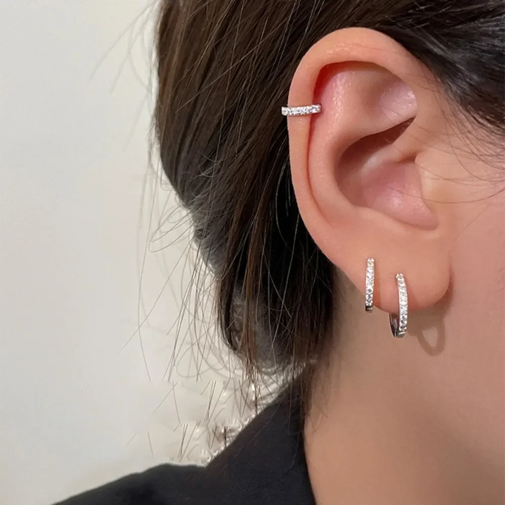 Classic Simple Silver Color Stainless Steel Zircon Hoop Earrings for Women Temperament Trendy Korea Earring Jewelry Accessory