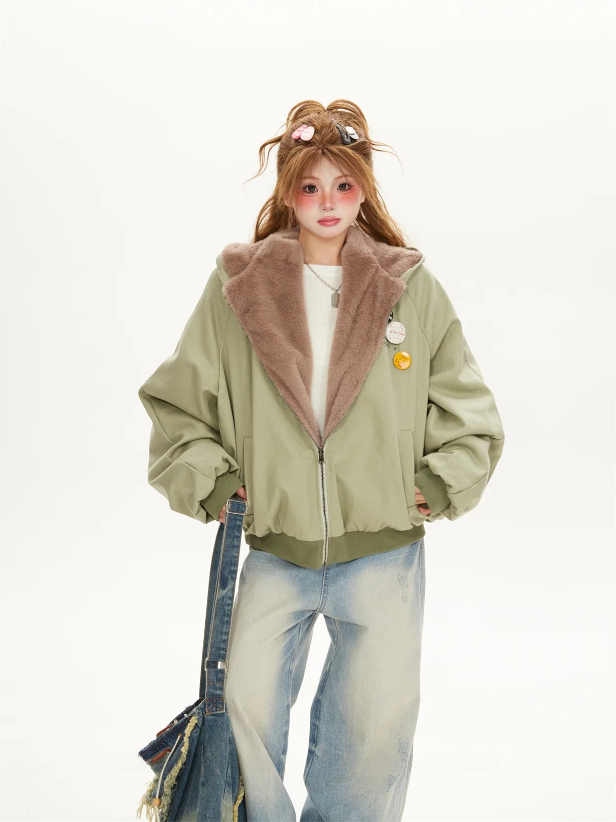 

American Sle Double-Sided Wear Thiened Loose Hooded Cotton Jaet Women Winter New Arrival Two-Sided Wear Cotton Coat