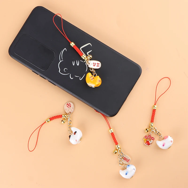 Lucky Cat Pendant Phone Lanyard Creative Lucky Nafu Wealth Ceramic Beaded Phone Chain Mobile Phone Strap Keycord