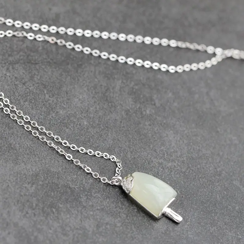 

Authentic 925 Sterling Silver Pendant Inlaid Natural Hetian Jade Small Ice Pop Design Creative Simple And Natural Pendant Gift