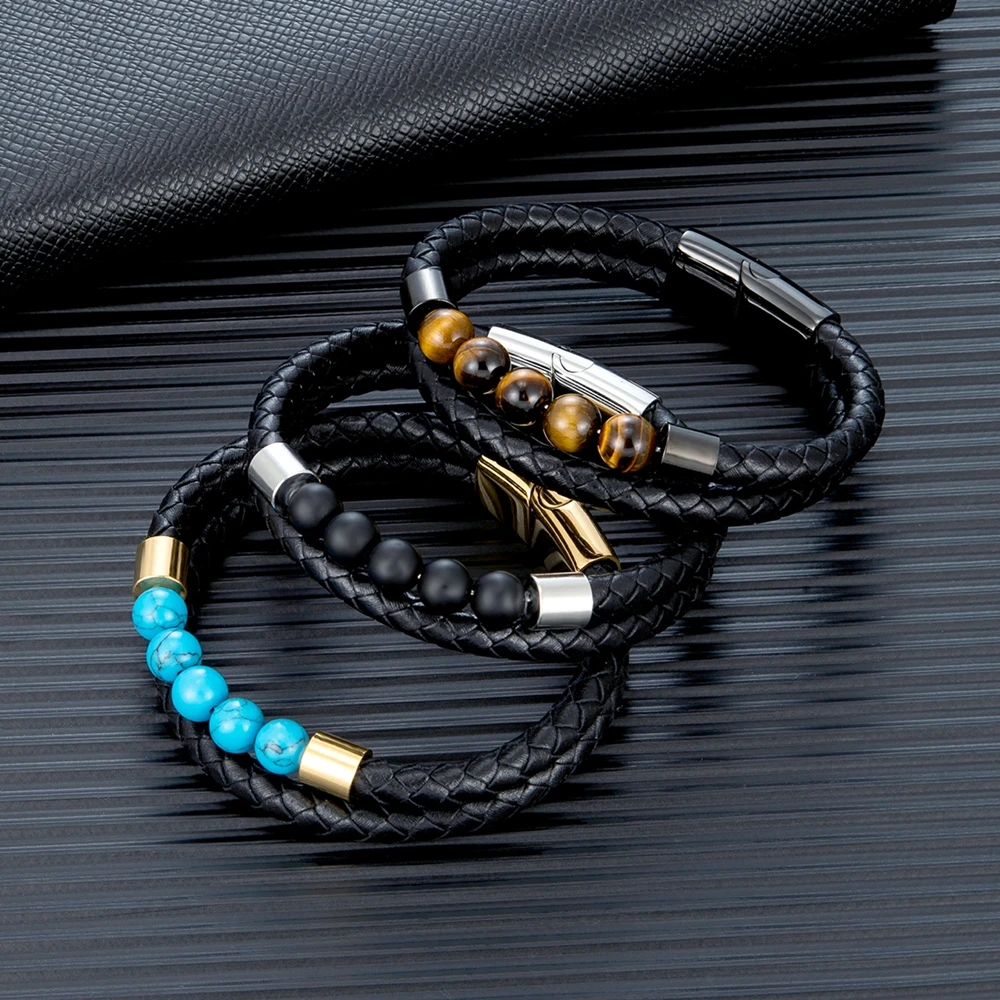 MKENDN Multi-layer Braided Leather Charm Bracelet Peacock Green Tiger Eye Stone Bracelet For Men Simple Stainless Steel Jewelry