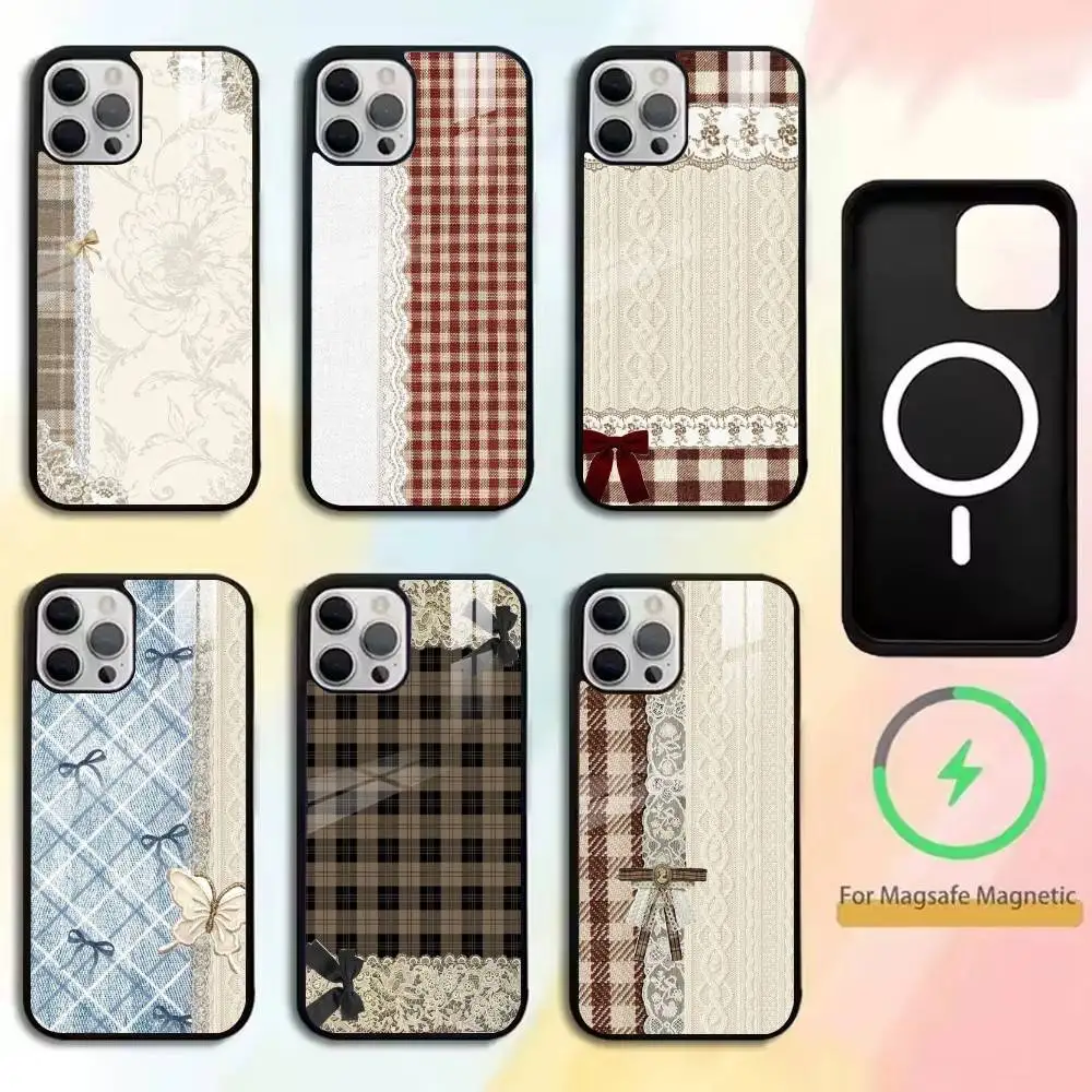 

Lace patchwork grid Phone Case For iPhone17,16,15,14,13,12,11 Plus,Pro Magnetic For Magsafe Wireless Charging