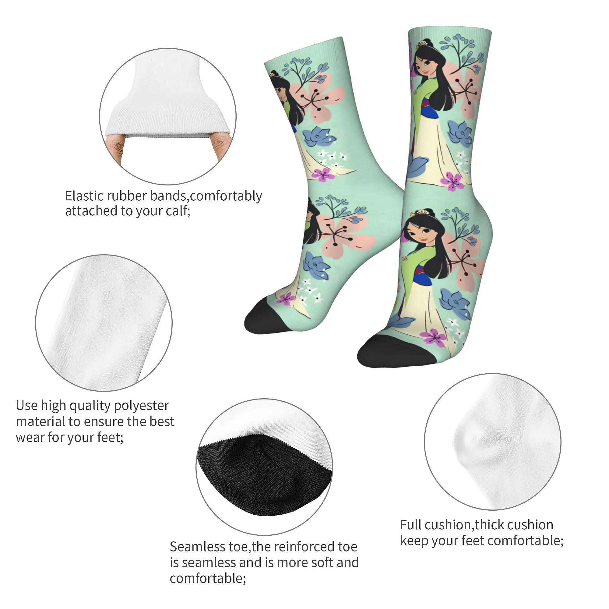 Mode Mulan Princess Beauty Fußballsocken Filmblüten Cartoon Polyester Mittelrohrsocken für Unisex rutschfest