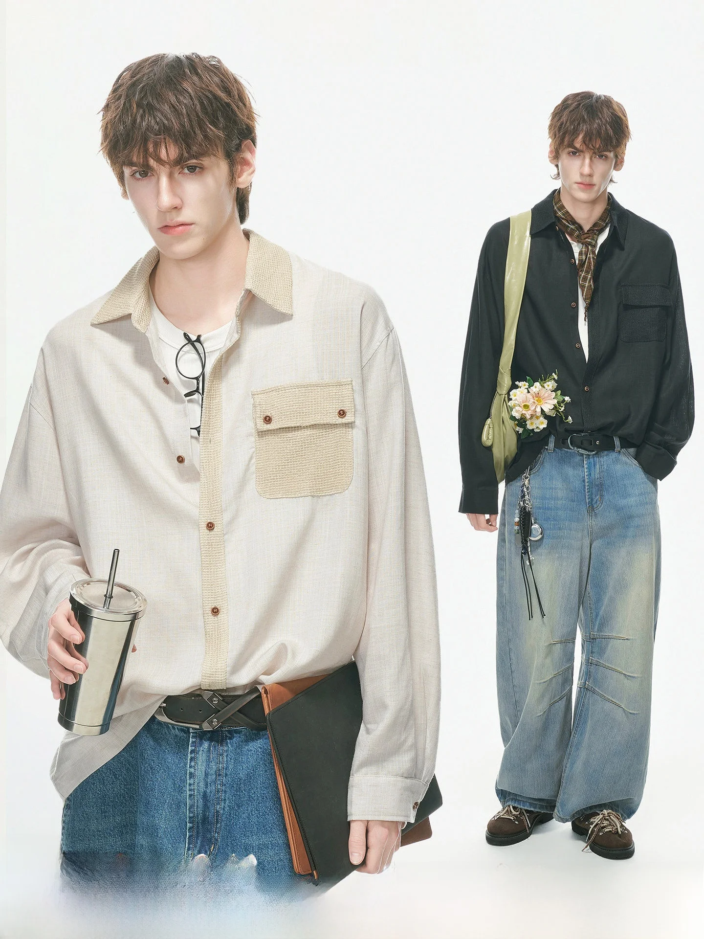 Dream Made Men's Long Sleeve Shirt Linen Rayon Texture Patchwork Workwear Shirt Autumn Season Casual Style Comfortable Fit