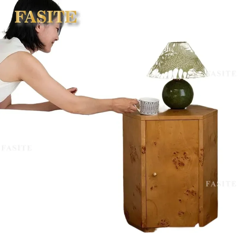 For Hexagonal Bedside Table Retro Old Money Style Medium Antique Nightstand with Storage Locker Natural Wood Grain Cabinet